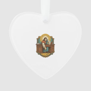 Jezus liet pen achter zware bureau onhandige humor ornament