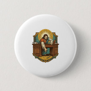 Jezus liet pen achter zware bureau onhandige humor ronde button 5,7 cm