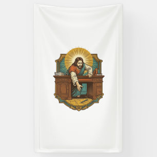 Jezus liet pen achter zware bureau onhandige humor spandoek