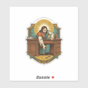 Jezus liet pen achter zware bureau onhandige humor sticker