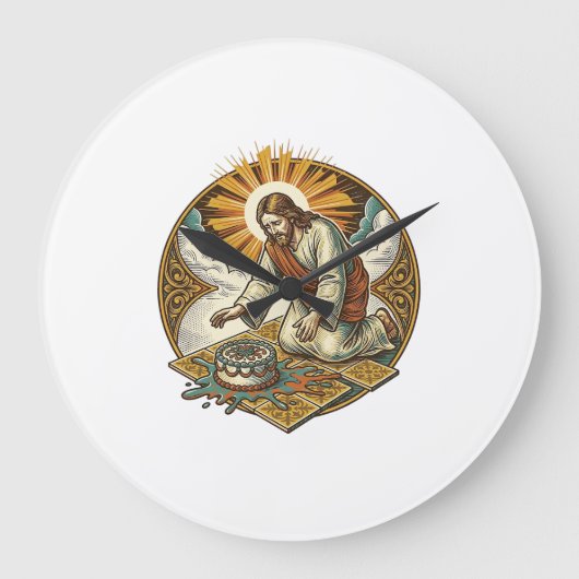 Jezus liet verjaardagstaart met gezicht naar bened grote klok (Voorkant)