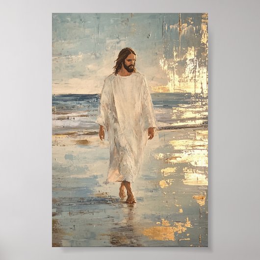 Jezus loopt op het water in witte kleren poster (Voorkant)