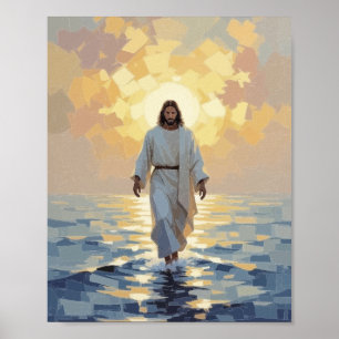 Jezus Loopt op Water Olie Schilderij – Stormachtig Poster