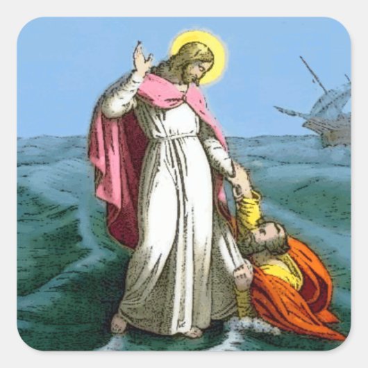 Jezus loopt op water vierkante sticker (Voorkant)