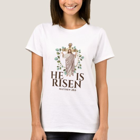 Jezus Matthew 28.6 Hij is paasvakantie T-shirt (Voorkant)