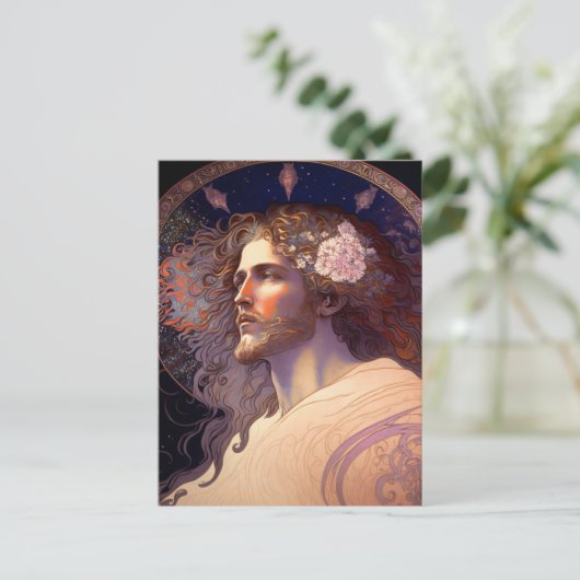 Jezus met bloemen in haar door Mucha AI Generated Briefkaart (Staand voorkant)