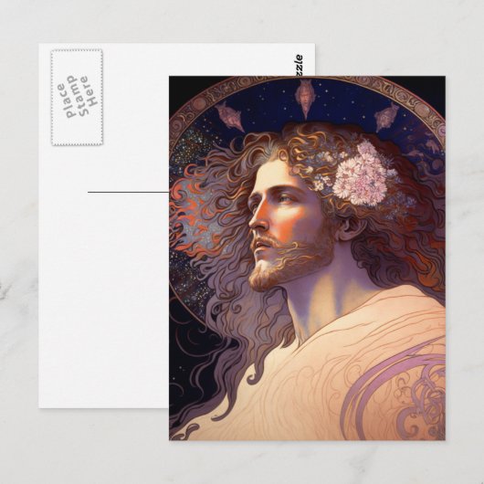 Jezus met bloemen in haar door Mucha AI Generated Briefkaart (Voorkant / Achterkant)