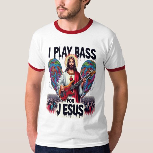 Jezus met een basgitaar t-shirt (Voorkant)