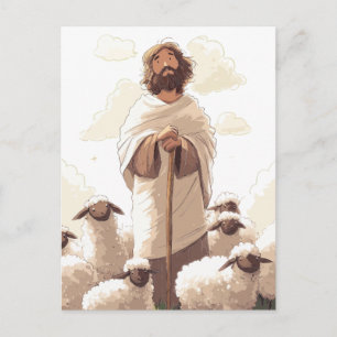 Jezus met herdersstaf omringd door lammeren briefkaart