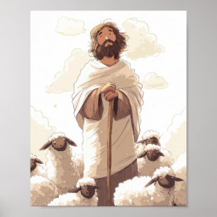 Jezus met herdersstaf omringd door lammeren poster