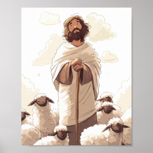 Jezus met herdersstaf omringd door lammeren poster (Voorkant)