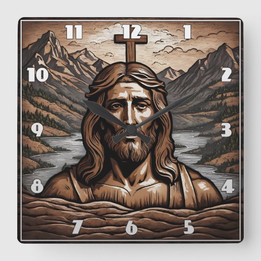Jezus met kruis met uitzicht op berglandschap vierkante klok (Voorkant)