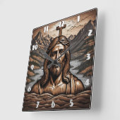 Jezus met kruis met uitzicht op berglandschap vierkante klok (Hoek)