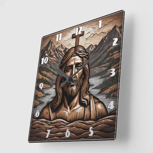 Jezus met kruis met uitzicht op berglandschap vierkante klok (Hoek)