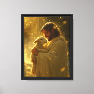 Jezus met Lam in Gouden Licht Spiritueel Canvas Afdruk