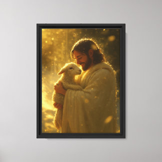 Jezus met Lam in Gouden Licht Spiritueel Canvas Afdruk