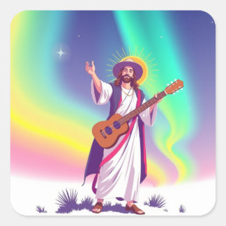 Jezus met Noorderlicht, UFO's, Regenbogen, Gitaar Vierkante Sticker