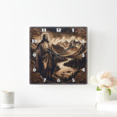 Jezus met uitgestrekte armen in berglandschap vierkante klok (Huis)