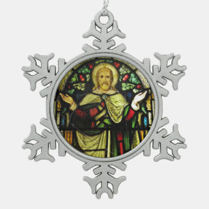 Jezus met uitgestrekte wapens tin sneeuwvlok ornament