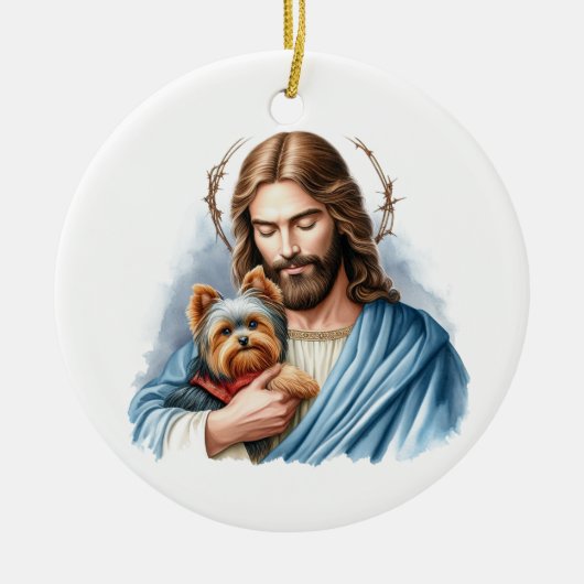 Jezus met Yorkie Gepersonaliseerde Pet Memorial Keramisch Ornament (Voorkant)