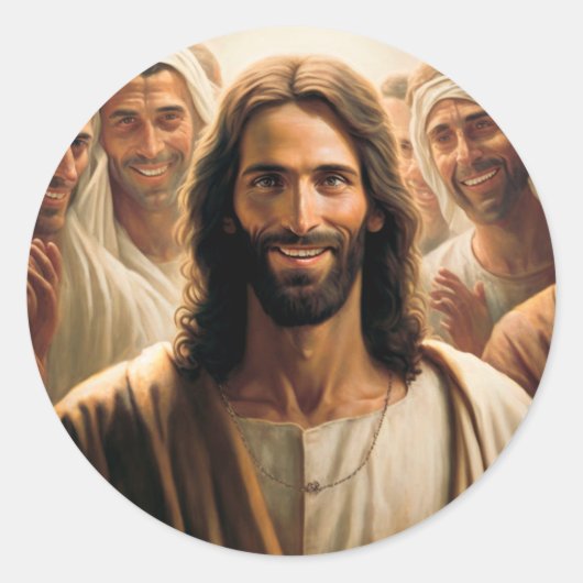 Jezus met zijn discipelen lachende close-up ronde sticker (Voorkant)