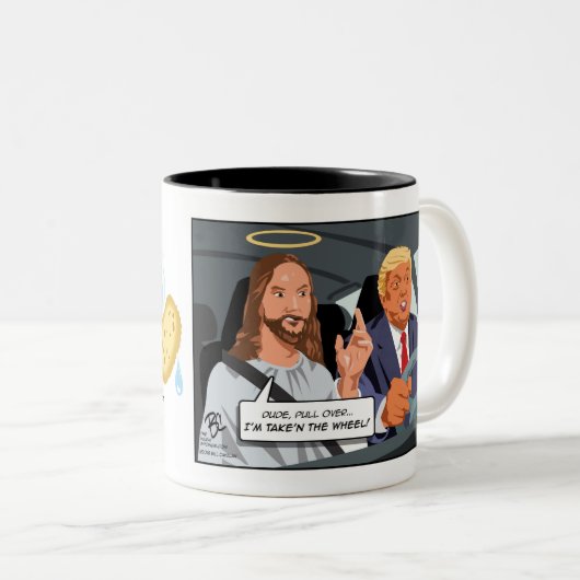 Jezus neemt het wiel (van Trump!) Tweekleurige Koffiemok (Voorkant rechts)
