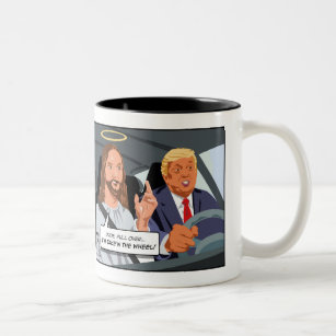 Jezus neemt het wiel (van Trump!) Tweekleurige Koffiemok