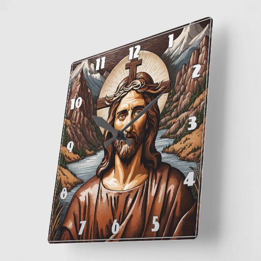 Jezus omringd door bergen en rivieren vierkante klok (Hoek)