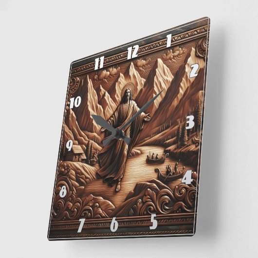 Jezus omringd door bergen en rivieren vierkante klok (Hoek)