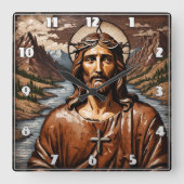 Jezus omringd door bergen en waterwegen vierkante klok (Voorkant)