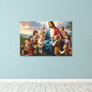 Jezus Omringd door Kinderen Canvas Afdruk