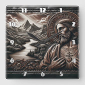 Jezus omringd door majestueuze bergen bij zonsonde vierkante klok (Voorkant)