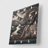 Jezus omringd door majestueuze bergen bij zonsonde vierkante klok (Hoek)