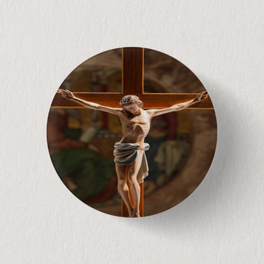 Jezus op de kruisknop ronde button 3,2 cm (Voorkant)