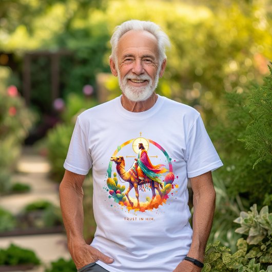Jezus op een kameel in een levendig woestijnlandsc t-shirt