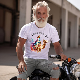 Jezus op een kameel in kleurrijke woestijnen t-shirt