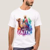Jezus op een kleurrijke kameel van geloof t-shirt (Voorkant)