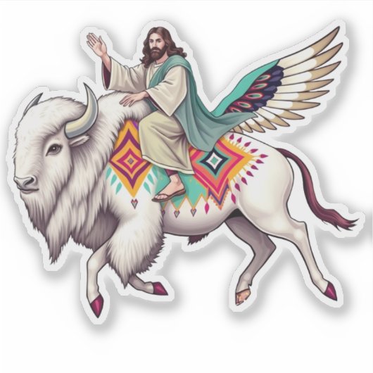 Jezus op een witte buffel (bizon) sticker (Voorkant)