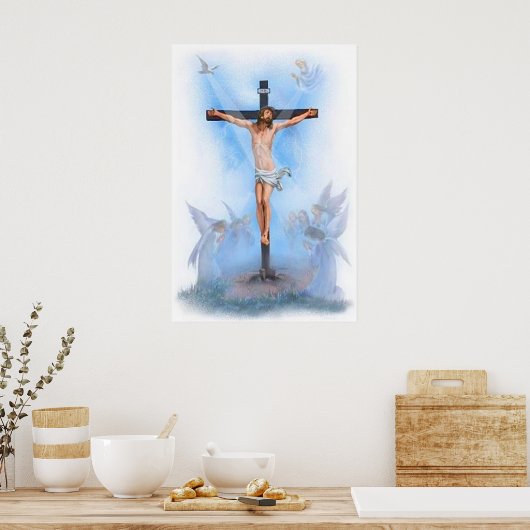 Jezus over de kruising met het vogelposter poster (Keuken)