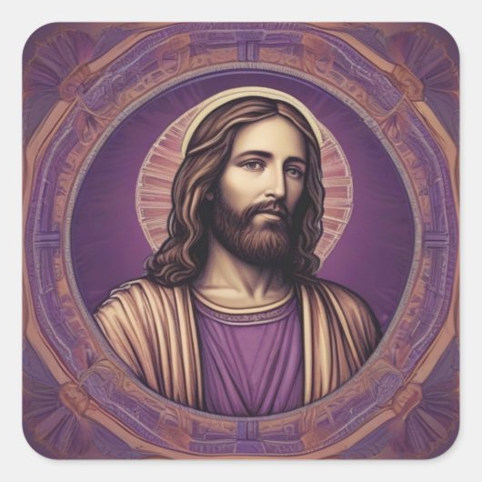 Jezus portret in psychedelische paarse tint vierkante sticker (Voorkant)
