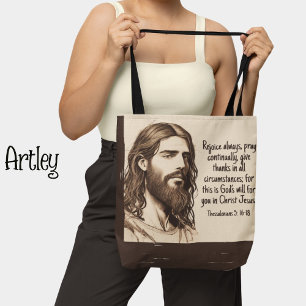 Jezus Portret Schets Bijbel Quote Sepia en Crème Tote Bag