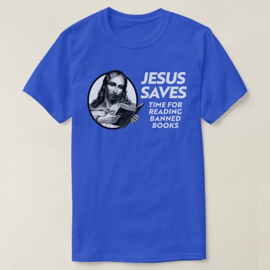 Jezus redt door bibliotheekboeken te bekijken t-shirt (Design voorkant)