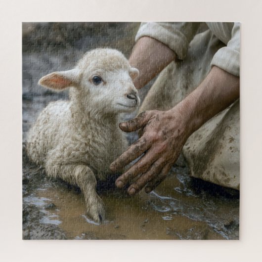 Jezus redt een lam uit een modderplas legpuzzel (Verticaal)