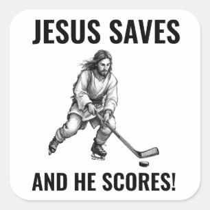 Jezus Redt en Hij Scoort - Jezus Hockey Meme Vierkante Sticker