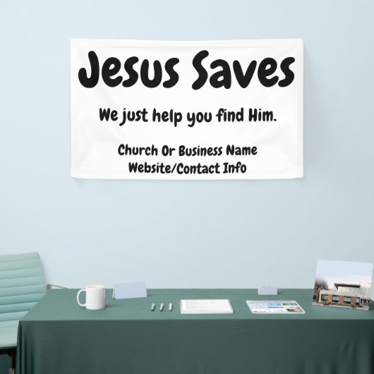 Jezus redt het, we helpen je hem te vinden spandoek (Beurs)