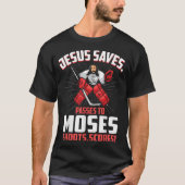 Jezus redt Hockey Goalie Passes Moses Funny Relig T-shirt (Voorkant)