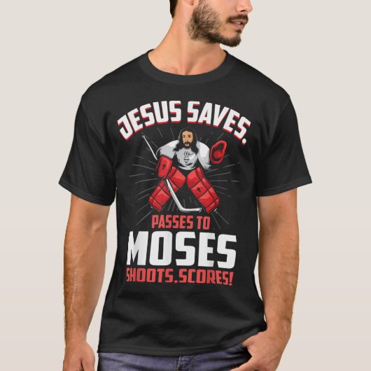 Jezus redt Hockey Goalie Passes Moses Funny Relig T-shirt (Voorkant)