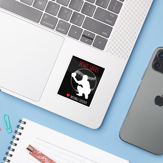 Jezus redt honkbalvanger grappige sportliefhebber sticker (Laptop met iPhone)