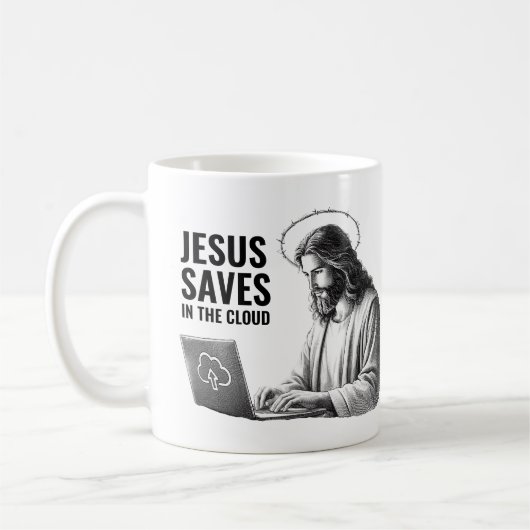 Jezus redt in de Cloud - Grappige Jezus Meme Koffiemok (Links)