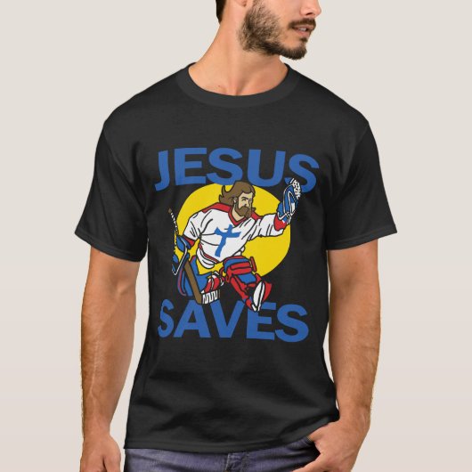Jezus redt lofprijzing God hockeyspeler Grappige r T-shirt (Voorkant)